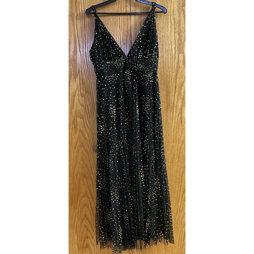 Jill Jill Stuart Black Gold Polka Dot Pleated Tulle V-Neck Gown Dress Size 6